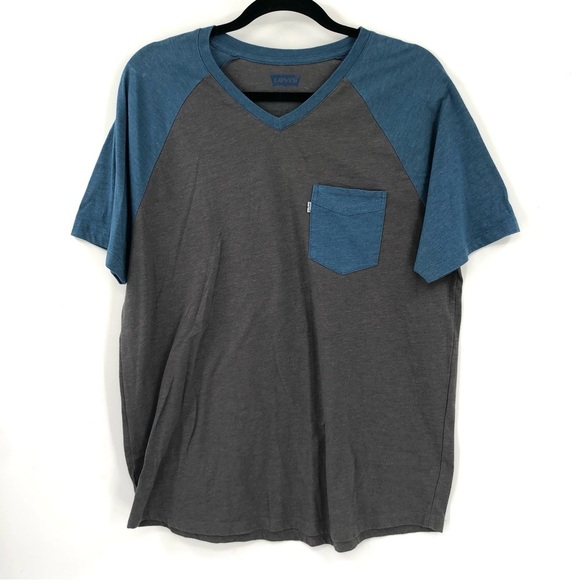 LEVI'S V Neck Pocket Tee Short Sleeve T Shirt Men L Cotton Blend Grey Blue Shirt - Picture 1 of 6